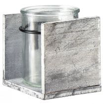 Artikel Theelichthouder van glas in rustiek houten frame – Grijs-wit, 10x9x10 cm