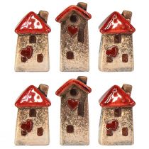 Artikel Keramieken huis met rood dakraam en hart - 6 cm - Idyllische decoratie voor huis en tuin - 6 st