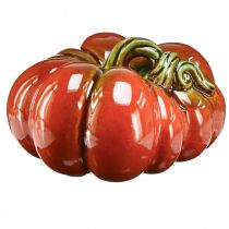 Artikel Glanzende keramische pompoen in helder roodoranje met groene steel - 21,5 cm - ideale herfstdecoratie