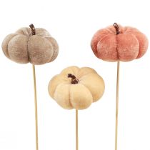 Artikel Decoratieve pompoen van stof op stokje geel bruin oranje Ø7cm 9 stuks