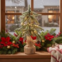 Artikel Kunstplant met sneeuw, LED-kerstboom in een jutezak, werkt op batterijen, voor gebruik binnenshuis, 50 cm