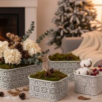Artikel Metalen kommen met kantpatroon, decoratieve schaal, vierkant, shabby chic, wit, 27/23/19 cm, H13,5 cm, set van 3
