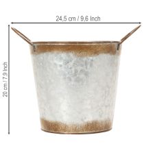 Artikel Metalen plantenbak, bloempot met zilverkleurige handgrepen, verweerde stalen afwerking, Ø18cm H20cm