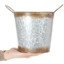 Artikel Metalen plantenbak, bloempot met zilverkleurige handgrepen, verweerde stalen afwerking, Ø18cm H20cm
