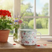Artikel Plantbeker voor rozen, decoratieve beker van emaille met handvat, wit, Ø9,5 cm