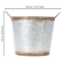 Artikel Bloempot met handvatten, decoratieve schaal met roestkleurige afwerking, zilverkleurige metalen pot Ø26cm H25.5cm