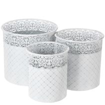 Artikel Bloempot met kantpatroon, metalen container, decoratieve emmer, wit, zilver, shabby chic, H28/25,5/23,5 cm, Ø29,5/25,5/20 cm, set van 3