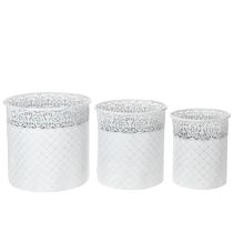 Artikel Bloempot met kantpatroon, metalen container, decoratieve emmer, wit, zilver, shabby chic, H28/25,5/23,5 cm, Ø29,5/25,5/20 cm, set van 3