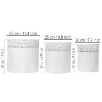 Artikel Bloempot met kantpatroon, metalen container, decoratieve emmer, wit, zilver, shabby chic, H28/25,5/23,5 cm, Ø29,5/25,5/20 cm, set van 3