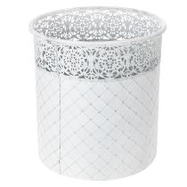Artikel Bloempot met kantpatroon, metalen container, decoratieve emmer, wit, zilver, shabby chic, H28/25,5/23,5 cm, Ø29,5/25,5/20 cm, set van 3