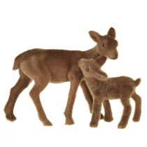 Artikel Decoratiefiguren herten Kerst bruin gevlokt hert met reekalf in een set H9/5,5cm 4 stuks