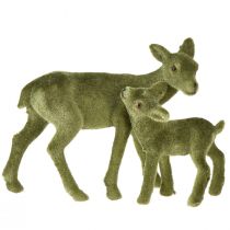 Artikel Decoratiefiguren herten Kerstgroen gevlokt hert met reekalf in een set H9/5,5cm 4 stuks