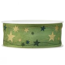 Artikel Kerstlint met sterren cadeaulint groen met draadrand 40mm 15m