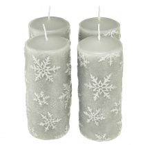 Artikel Stoerkaarsen grijze kaarsen sneeuwvlokken 150/65mm 4 st
