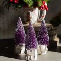 Artikel Decoratieve kerstboom in paars met sneeuwpunt op een rustieke houten voet 15cm 3 stuks.
