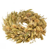 Artikel Decoratieve gedroogde krans met kaardenbollen en gierst in geel-olijfgroen, natuurlijke landelijke stijl, Ø28cm, veelzijdige wand- en tafeldecoratie