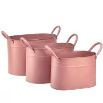 Artikel Plantenbak metalen ovale plantenpot roze 24/21/18cm set van 3 stuks