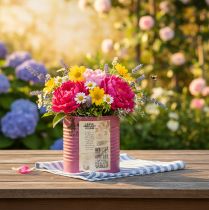 Artikel Vintage plantenbak, decoratieve paarse metalen doos, zomerdecoratie Ø11cm H10.5cm