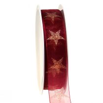 Artikel Kerstlint donkerrood goud met sterren B25mm L18m