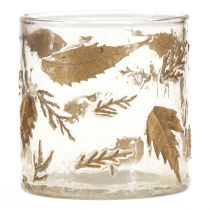 Artikel Lantaarn glas met gouden bladeren Ø7,5cm H8,5cm 2st