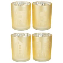 Artikel Lantaarn glas zilver goud stadssilhouet H12,5cm 4 stuks