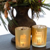 Artikel Lantaarn glas zilver goud stadssilhouet H12,5cm 4 stuks