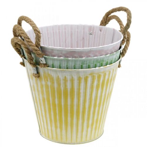 Emmer om te planten, plantenbak met handvatten, metalen decoratie roze/groen/geel shabby chic Ø16.5 cm H15 cm set van 3