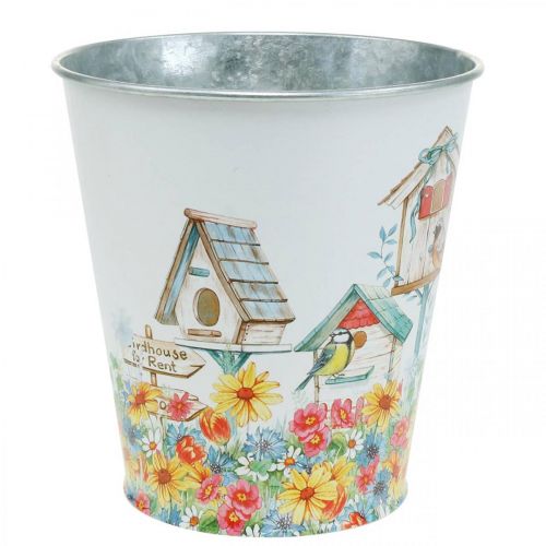 Artikel Tinnen pot met vogelhuisjes, zomerdecoratie, plantenbak H14.5cm Ø13.5cm