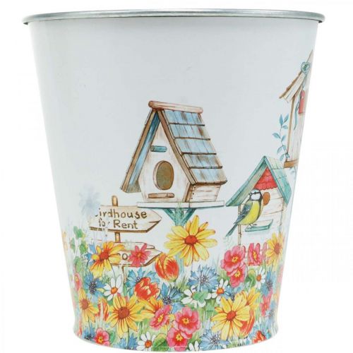 Artikel Tinnen pot met vogelhuisjes, zomerdecoratie, plantenbak H14.5cm Ø13.5cm