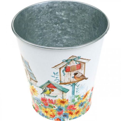 Artikel Tinnen pot met vogelhuisjes, zomerdecoratie, plantenbak H14.5cm Ø13.5cm