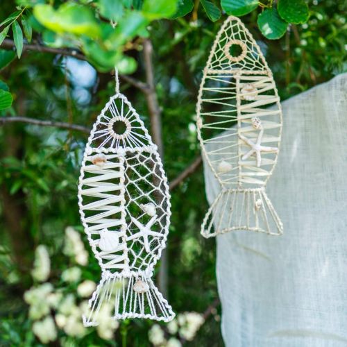 Decoratieve vis met schelpdecoratie, maritieme decoratie, vis om op te hangen wit 38cm