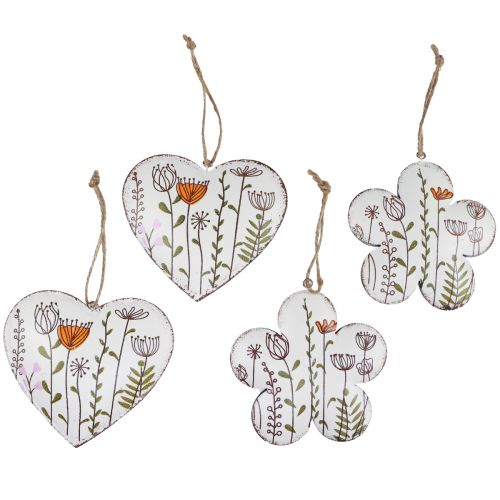 Floristik24 Hangdecoratie metalen decoratie harten en bloemen wit 10cm 4st