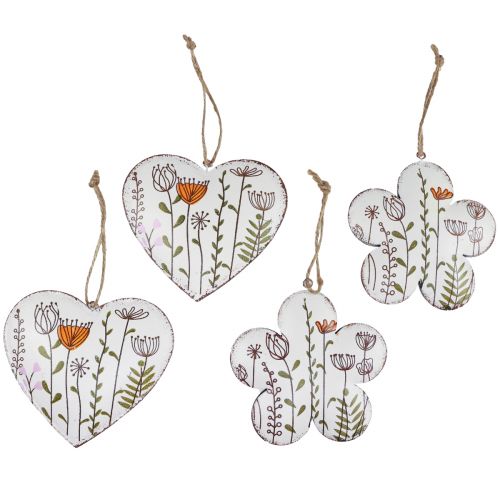 Hangdecoratie metalen decoratie harten en bloemen wit 10cm 4 st