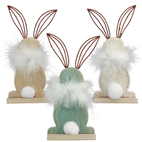 Decoratief konijntje houten konijntjes met veren Paasdecoratie H17,5cm 3 st