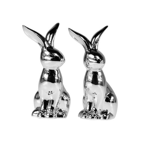 Floristik24 Decoratieve Paashaas Keramiek Decoratieve Konijn Zittend Zilver 18cm 2 Stuks