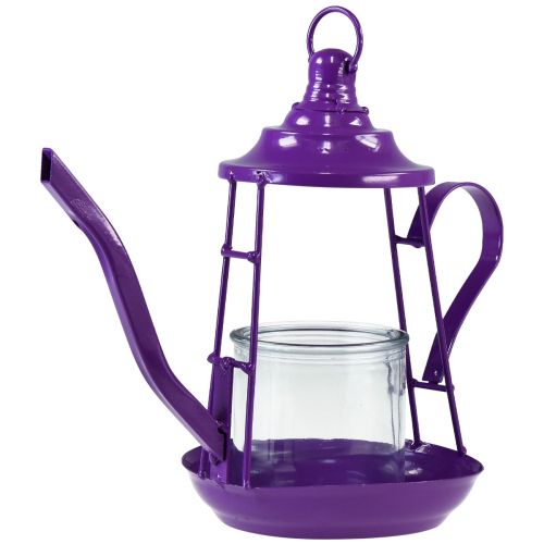 Floristik24 Theelichthouder glazen lantaarn theepot paars Ø13cm H22cm