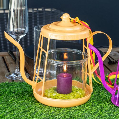 Artikel Theelichthouder glazen lantaarn theepot oranje Ø13cm 22cm