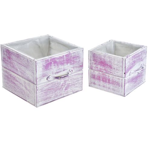 Artikel Plantenlade met handvat roze wit hout 12/15cm set van 2