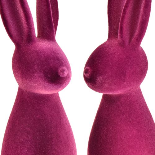 Artikel Paashazen paarse decoratieve konijntjes – 2e keus – geflockt 8×10×29cm 2 stuks