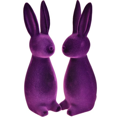 Floristik24 Paashaas gevlokte decoratieve figuren Pasen – 2e keus – paars 8x10x29cm 2 stuks