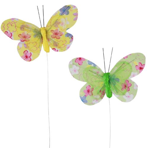 Floristik24 Decoratieve vlinders op draad geelgroene bloemen 6×9cm 12st