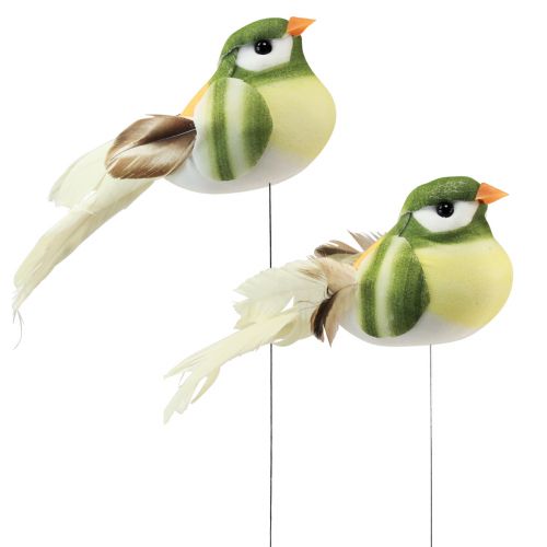 Artikel Veer vogel op draad decoratieve vogel met veren groen oranje 4cm 12st