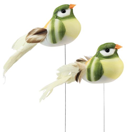 Floristik24 Veren vogel op draad decoratieve vogel met veren groen oranje 4cm 12 st