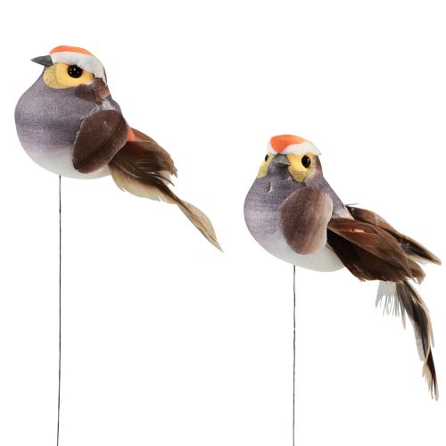 Veren vogel op draad decoratieve vogel met veren grijs 4cm 12st