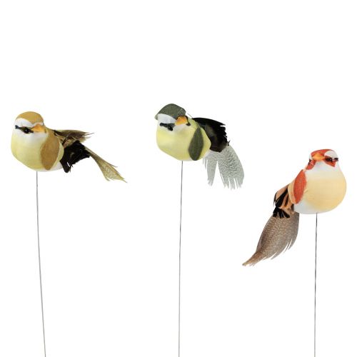 Veren vogel op draad decoratieve vogel met veren groen 4cm 12 st
