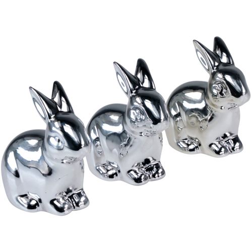 Floristik24 Konijn zilver zittend keramiek metaallook 8,5cm 3 st