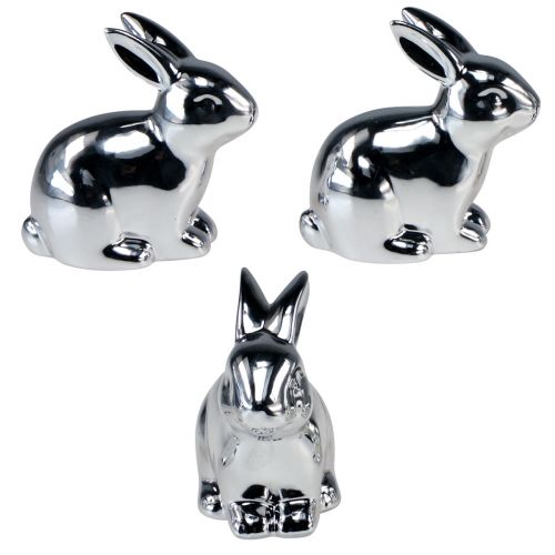 Floristik24 Konijn zilver zittend keramiek metaallook 8,5cm 3 st