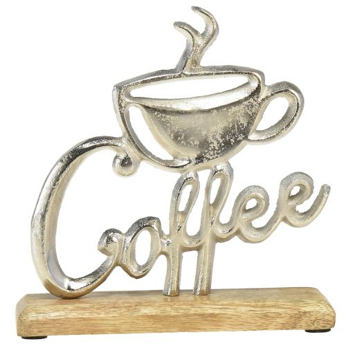 Metaal Deco Koffie Zilver Houten Basis Naturel 17,5x5x18cm