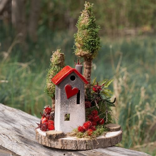Floristik24 Huislantaarn van keramiek met rood dak en hartvenster - 17,5 cm 2 st