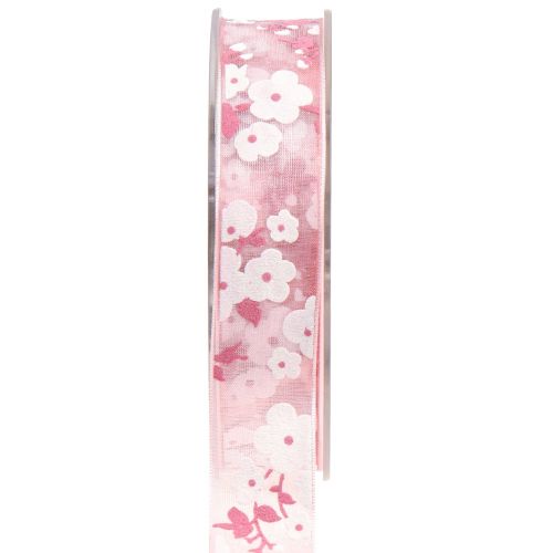 Floristik24 Organzalint roze met bloemen cadeaulint 20mm 20m